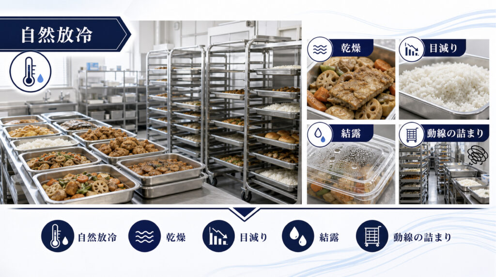 自然放冷で粗熱取りを待つ食品工場のラック台車と乾燥や結露の課題