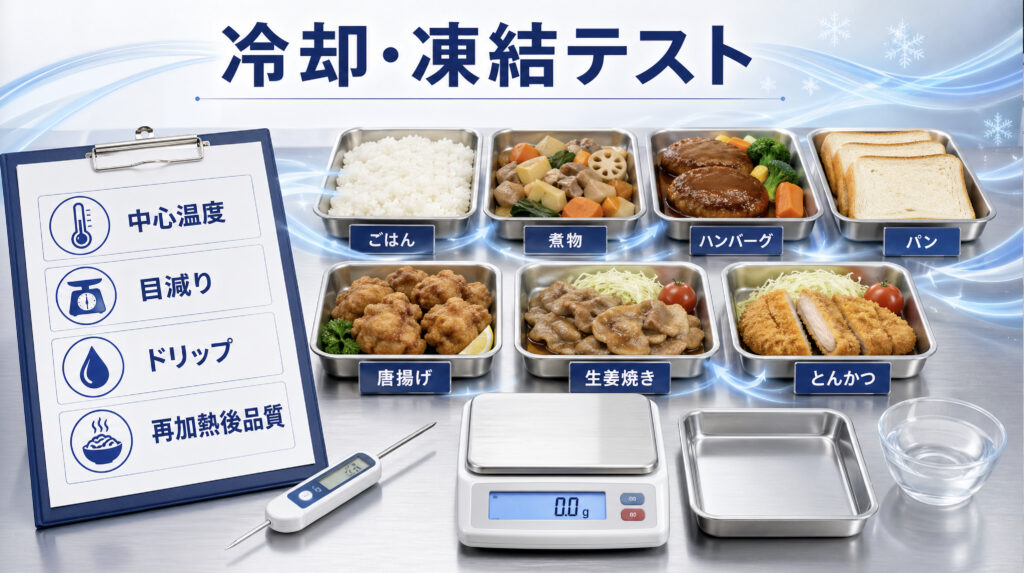 粗熱取り後の冷却と凍結テスト項目を確認するイメージ