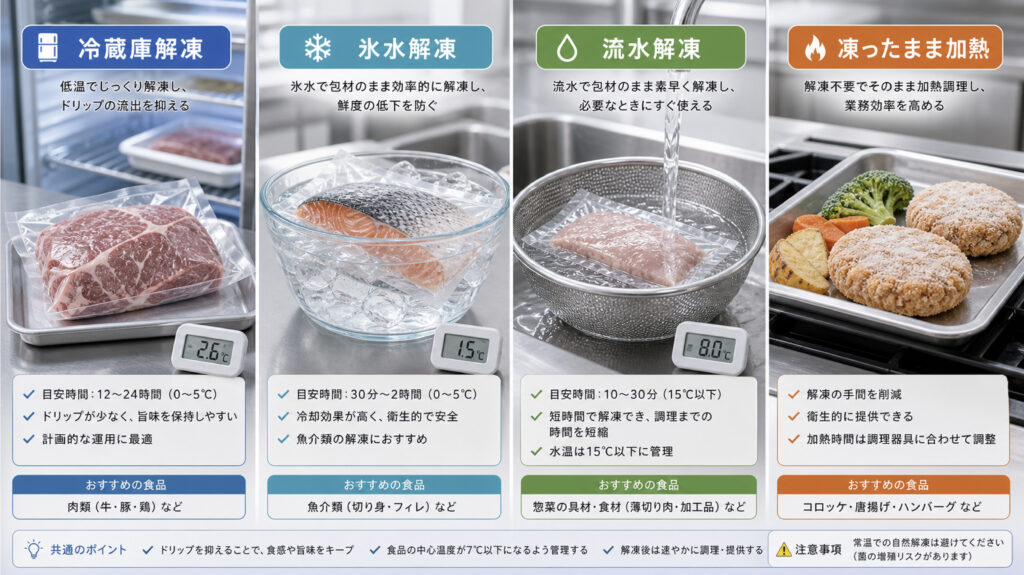 冷蔵庫解凍、氷水解凍、流水解凍、凍ったまま加熱を使い分ける画像