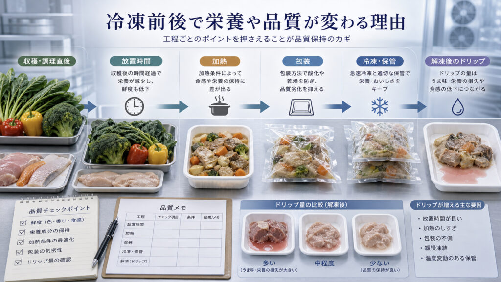 冷凍前後で栄養や品質が変わる場面を並べた商品写真