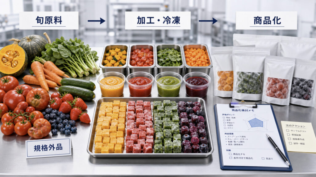 旬原料や規格外品を冷凍素材や加工品へ変える商品化イメージ