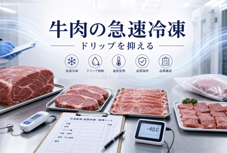 牛肉の急速冷凍で品質と温度管理を確認する業務用資料イメージ