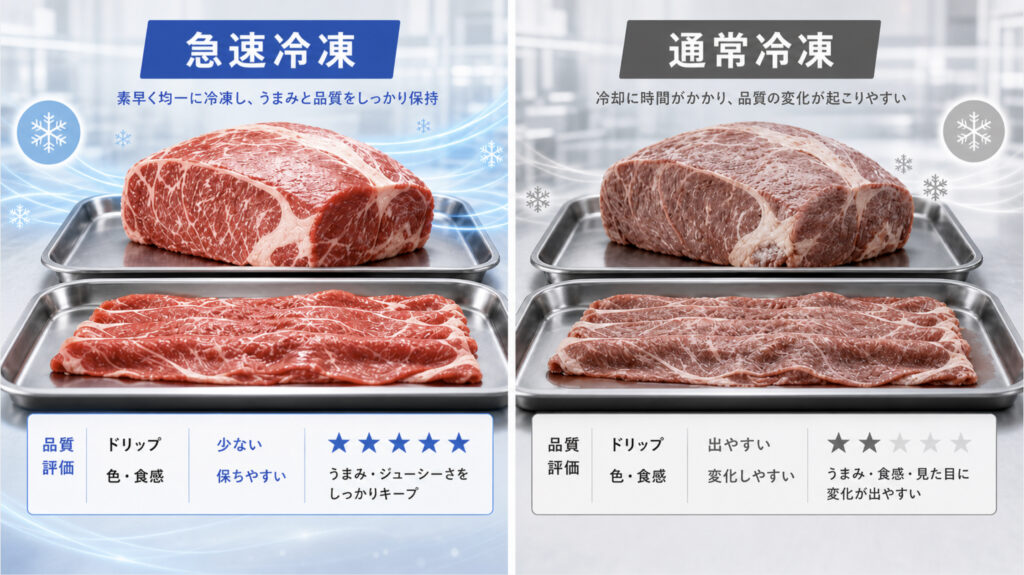 牛肉の急速冷凍と通常冷凍による品質差を比較する補助画像