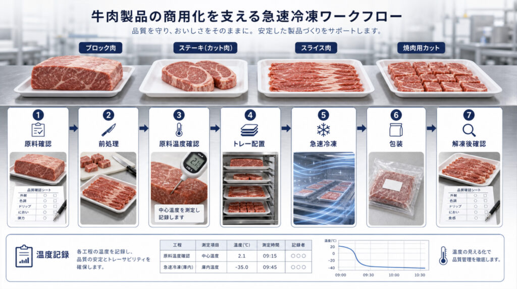 牛肉を急速冷凍して商品化する工程を示す補助画像