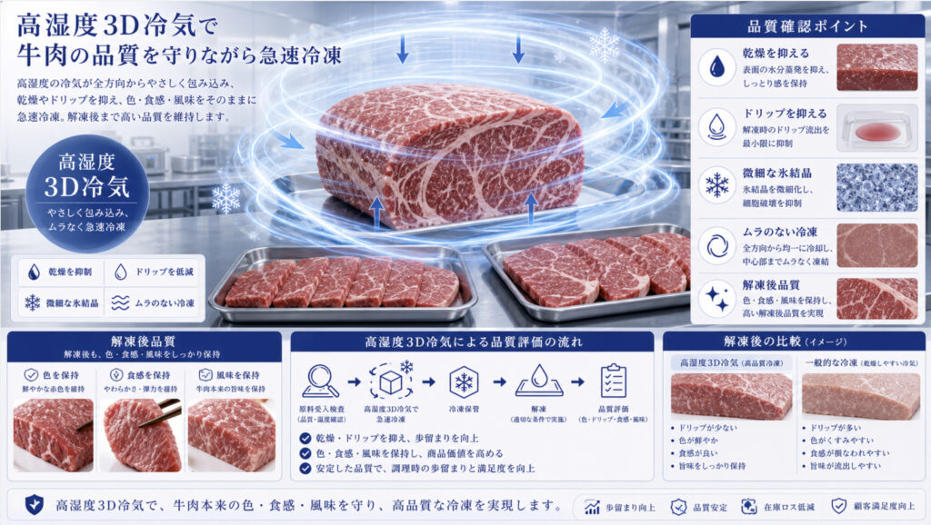 高湿度3D冷気で牛肉の凍結品質を守るイメージ