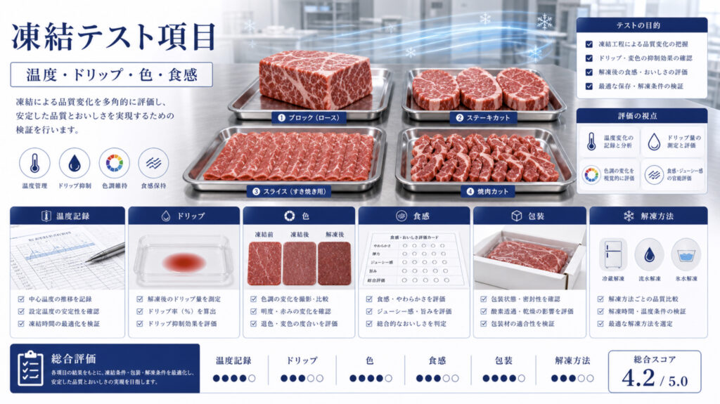 牛肉の凍結テストで温度、ドリップ、色、食感を確認する補助画像