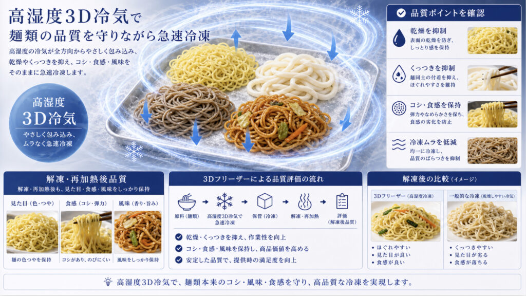 高湿度3D冷気で麺類の凍結品質を守るイメージ