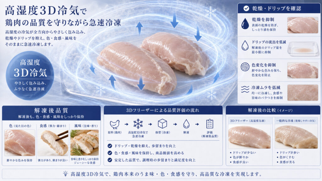 高湿度3D冷気で鶏肉の凍結品質を守るイメージ