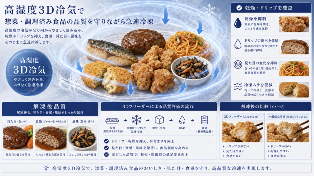 高湿度3D冷気で惣菜の乾燥やドリップを抑えるイメージ