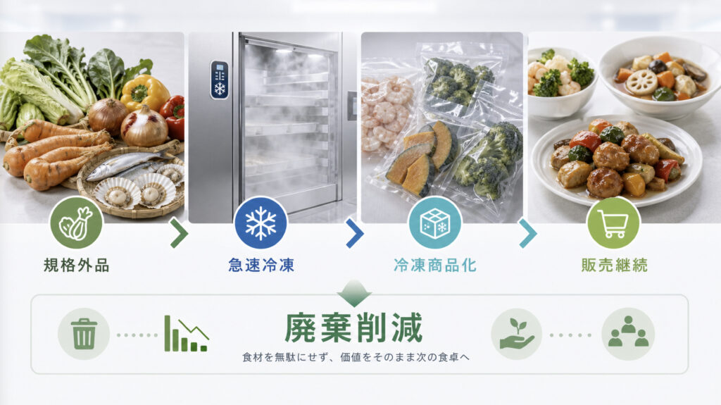 規格外品を急速冷凍で冷凍商品化し廃棄削減につなげる補助画像