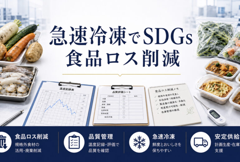 急速冷凍で食品ロス削減と品質管理を確認する食品企業向け資料イメージ