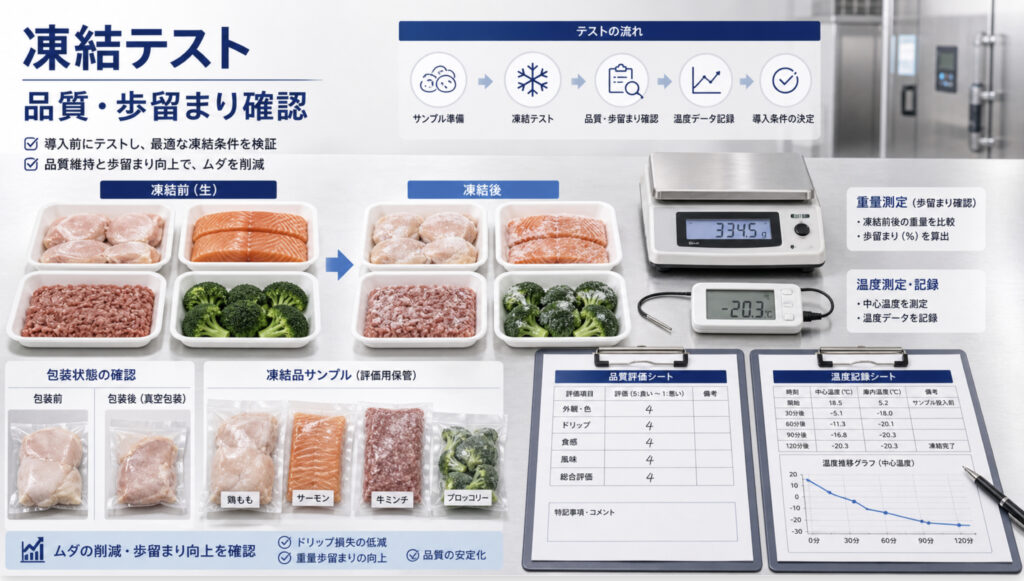 急速冷凍の凍結テストで廃棄削減と歩留まりを確認する補助画像