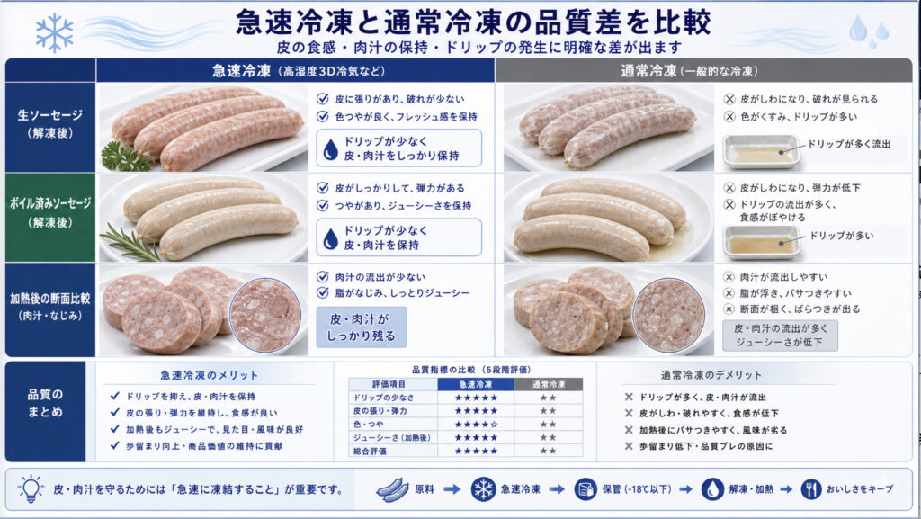 ソーセージの急速冷凍と通常冷凍による品質差を比較する補助画像