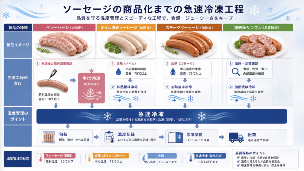 ソーセージを急速冷凍して商品化する工程を示す補助画像
