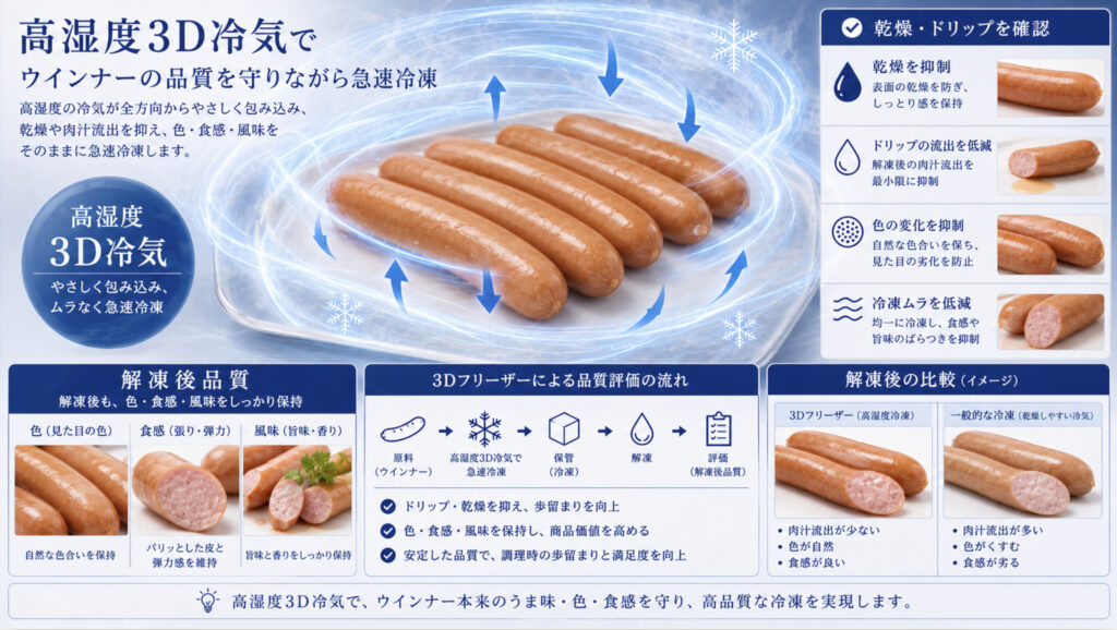 高湿度3D冷気でソーセージの凍結品質を守るイメージ