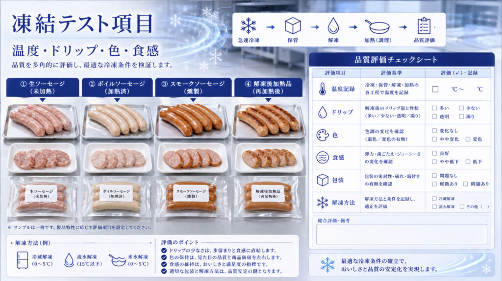 ソーセージの凍結テストで温度、ドリップ、色、食感を確認する補助画像