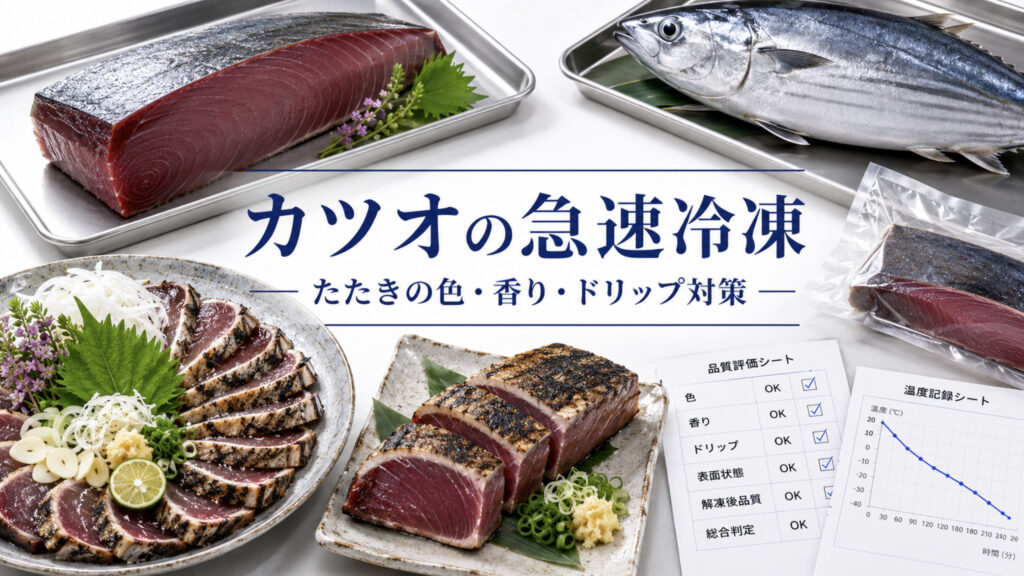 カツオのたたき、刺身用柵、冷凍ギフトを急速冷凍で品質確認する資料