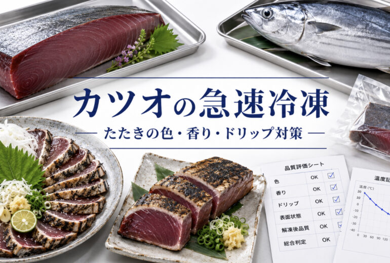 カツオのたたき、刺身用柵、冷凍ギフトを急速冷凍で品質確認する資料