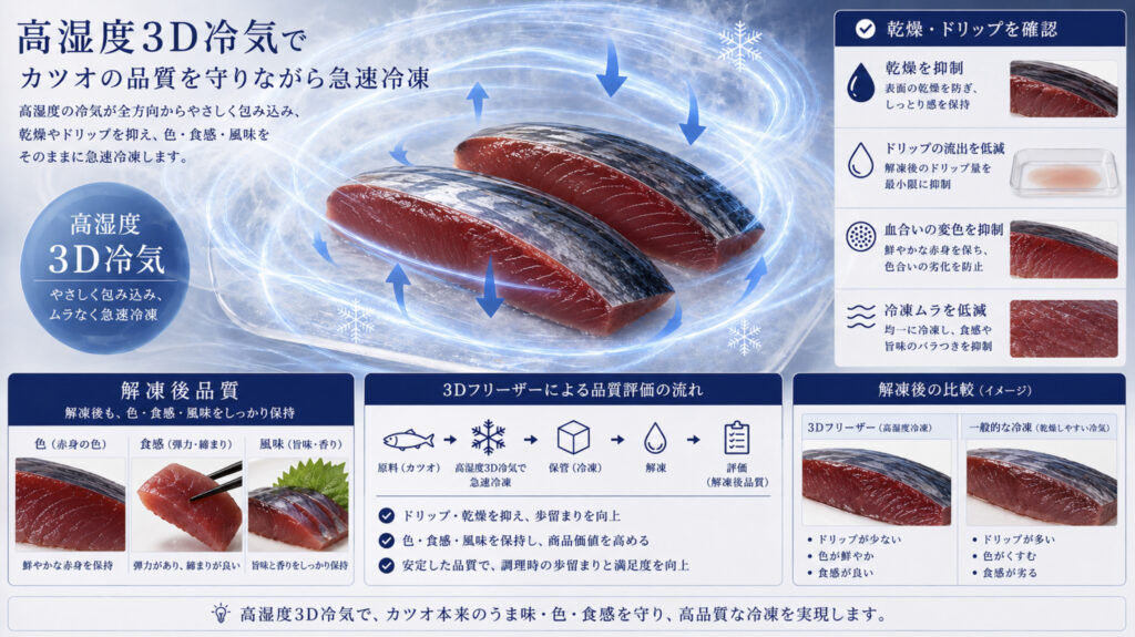高湿度3D冷気でカツオの色、香り、ドリップを確認する図