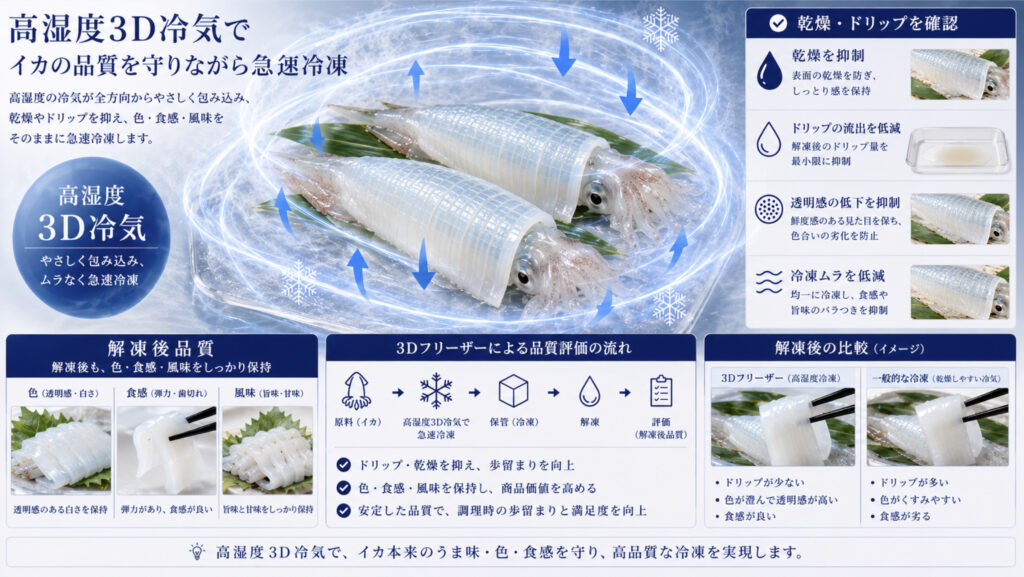 高湿度3D冷気でイカの透明感、歯切れ、ドリップを確認する図