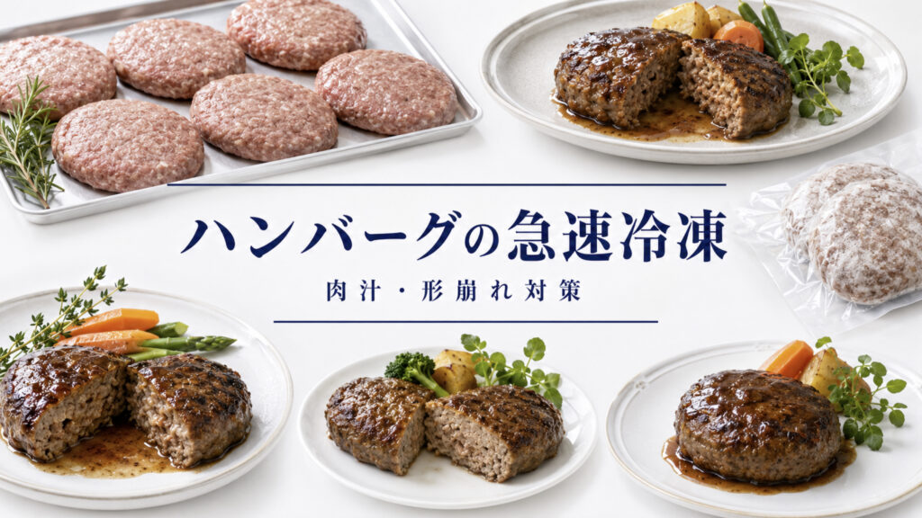 ハンバーグの急速冷凍で品質と温度管理を確認する業務用資料イメージ