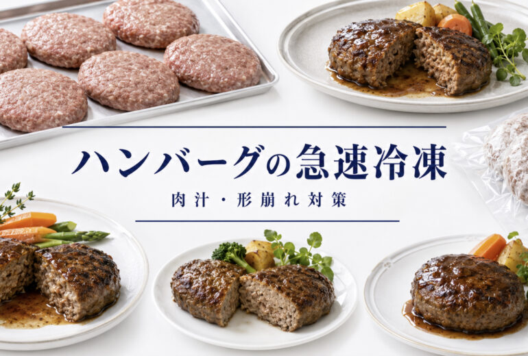 ハンバーグの急速冷凍で品質と温度管理を確認する業務用資料イメージ