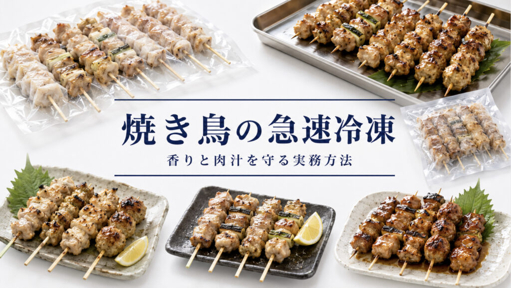 焼き鳥の急速冷凍で品質と温度管理を確認する業務用資料イメージ