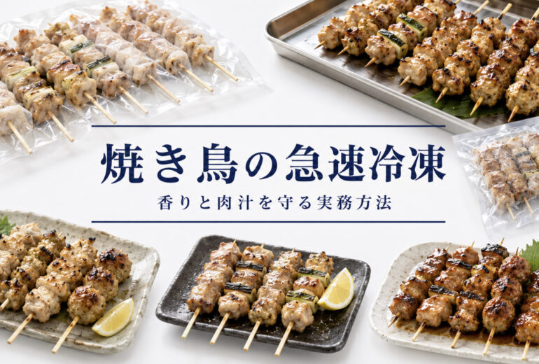 焼き鳥の急速冷凍で品質と温度管理を確認する業務用資料イメージ