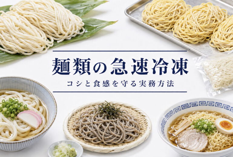 麺類の急速冷凍で品質と温度管理を確認する業務用資料イメージ