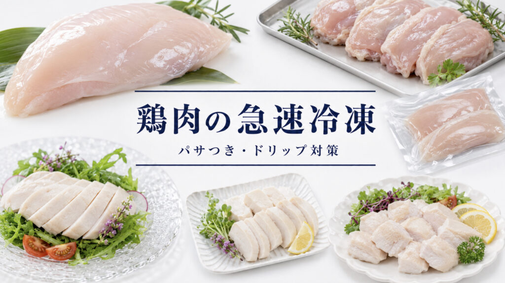 鶏肉の急速冷凍で品質と温度管理を確認する業務用資料イメージ