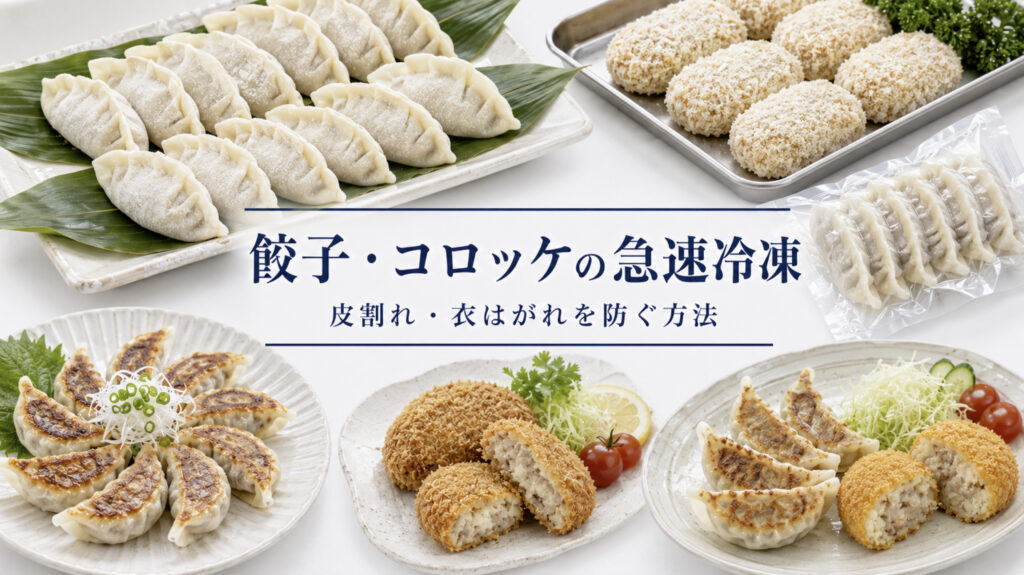 餃子とコロッケの急速冷凍で品質と温度管理を確認する業務用資料イメージ