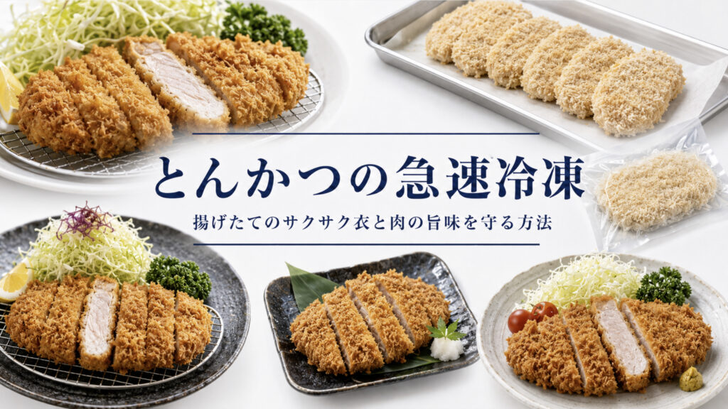とんかつの急速冷凍で衣のべたつきと肉汁流出を抑える方法を示すアイキャッチ画像