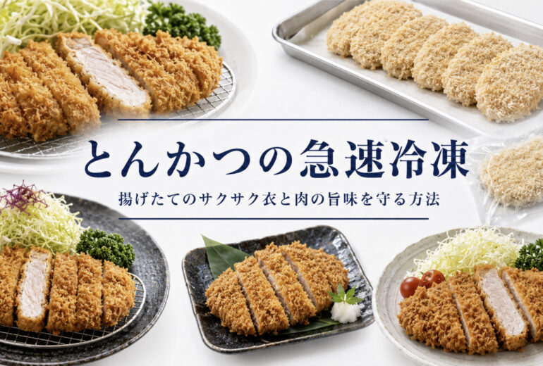とんかつの急速冷凍で衣のべたつきと肉汁流出を抑える方法を示すアイキャッチ画像