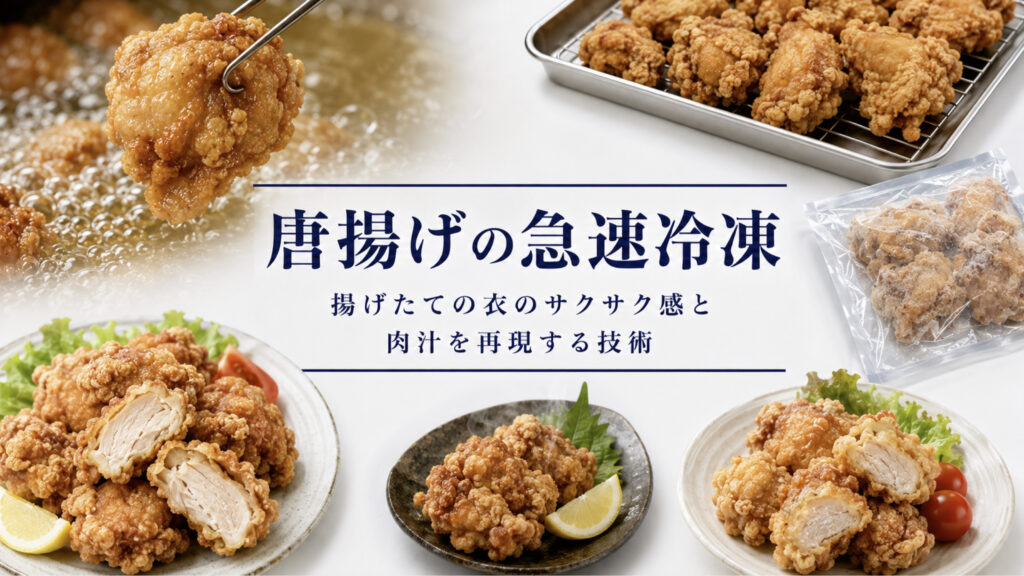 唐揚げの急速冷凍で衣のべたつきと肉汁流出を抑える方法を示すアイキャッチ画像