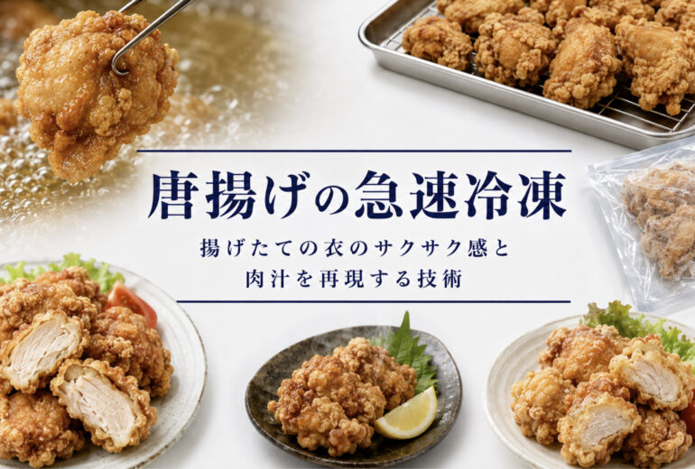 唐揚げの急速冷凍で衣のべたつきと肉汁流出を抑える方法を示すアイキャッチ画像