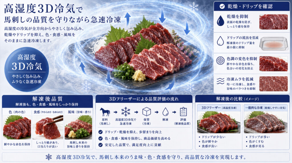 馬肉の急速冷凍で高湿度3D冷気で凍結品質を確認するイメージ