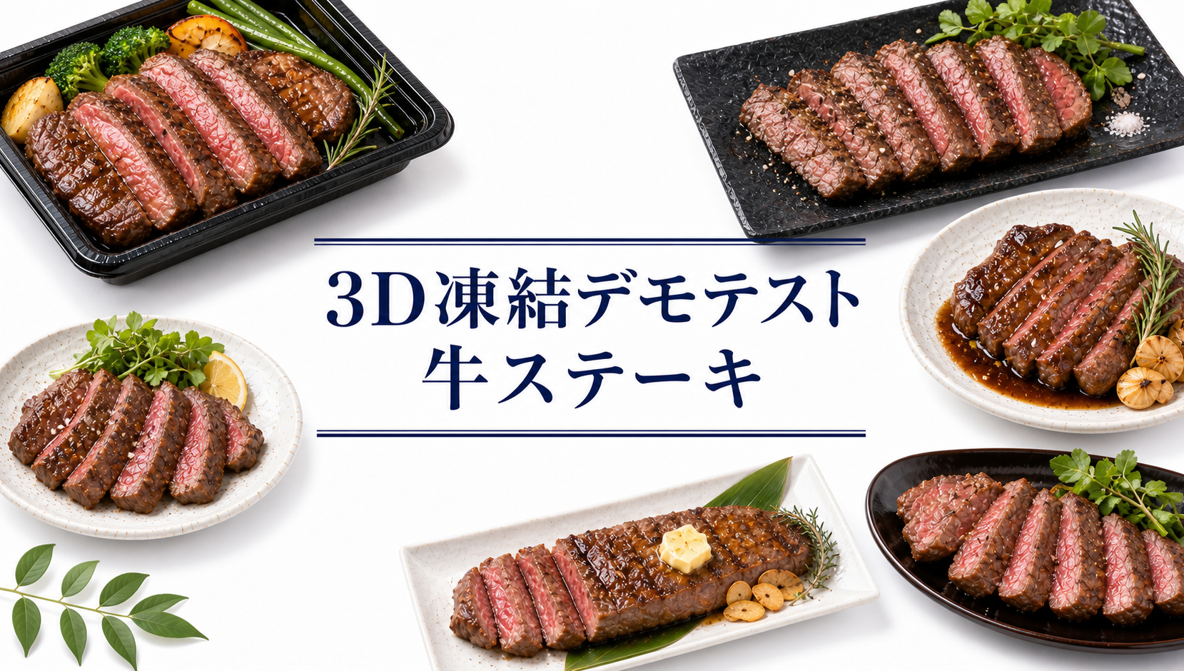 白背景に焼いた牛ステーキのスライスを黒い容器や複数の皿へ盛り、中央に「3D凍結デモテスト 牛ステーキ」と記したアイキャッチ