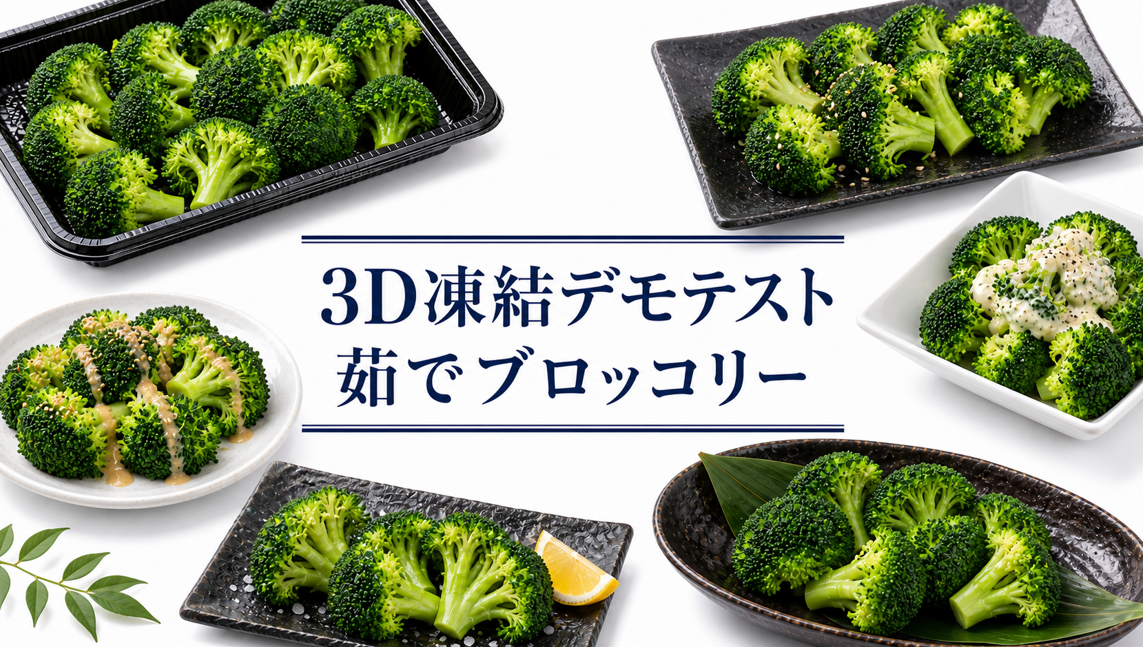 中央に「3D凍結デモテスト 茹でブロッコリー」と書かれ、周囲に黒い容器や複数の皿へ盛った緑色のブロッコリー料理を配置した白背景のアイキャッチ