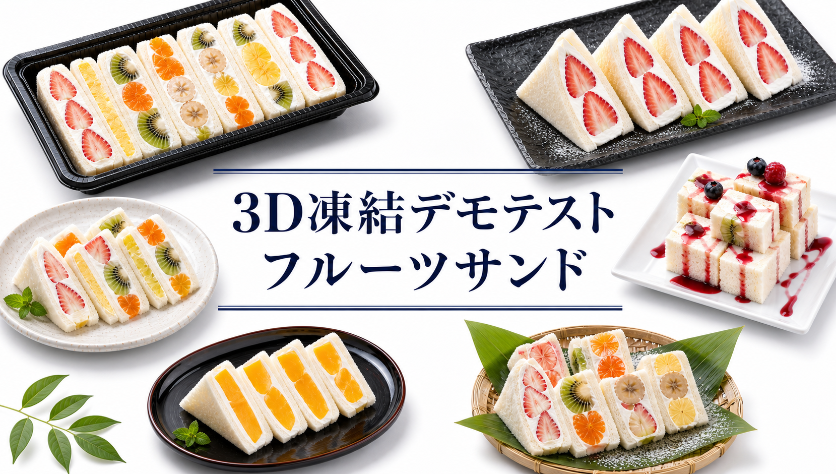 白背景にいちご・キウイ・柑橘などのフルーツサンドを複数の皿とトレーへ並べ、中央に「3D凍結デモテスト フルーツサンド」と記したアイキャッチ