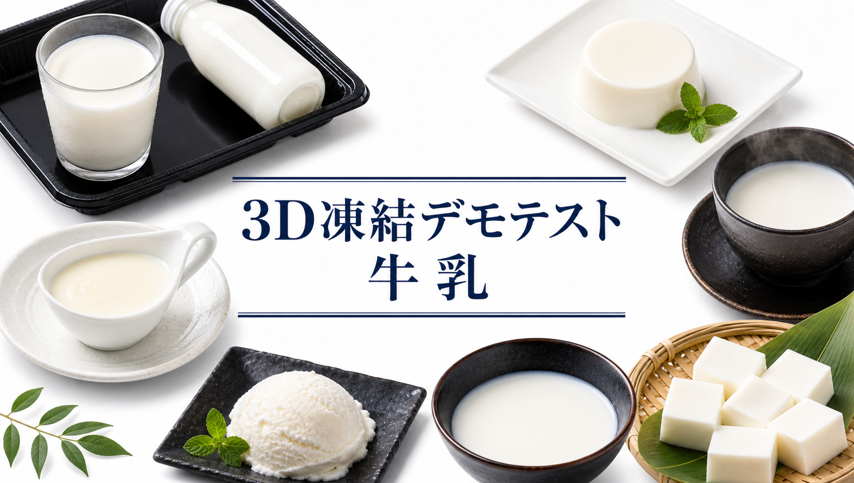 コップの牛乳と牛乳びん、牛乳寒天、湯気立つホットミルク、牛乳ソース、バニラアイス、器の牛乳を並べ、中央に「3D凍結デモテスト 牛乳」と記した牛乳の急速凍結テストのアイキャッチ