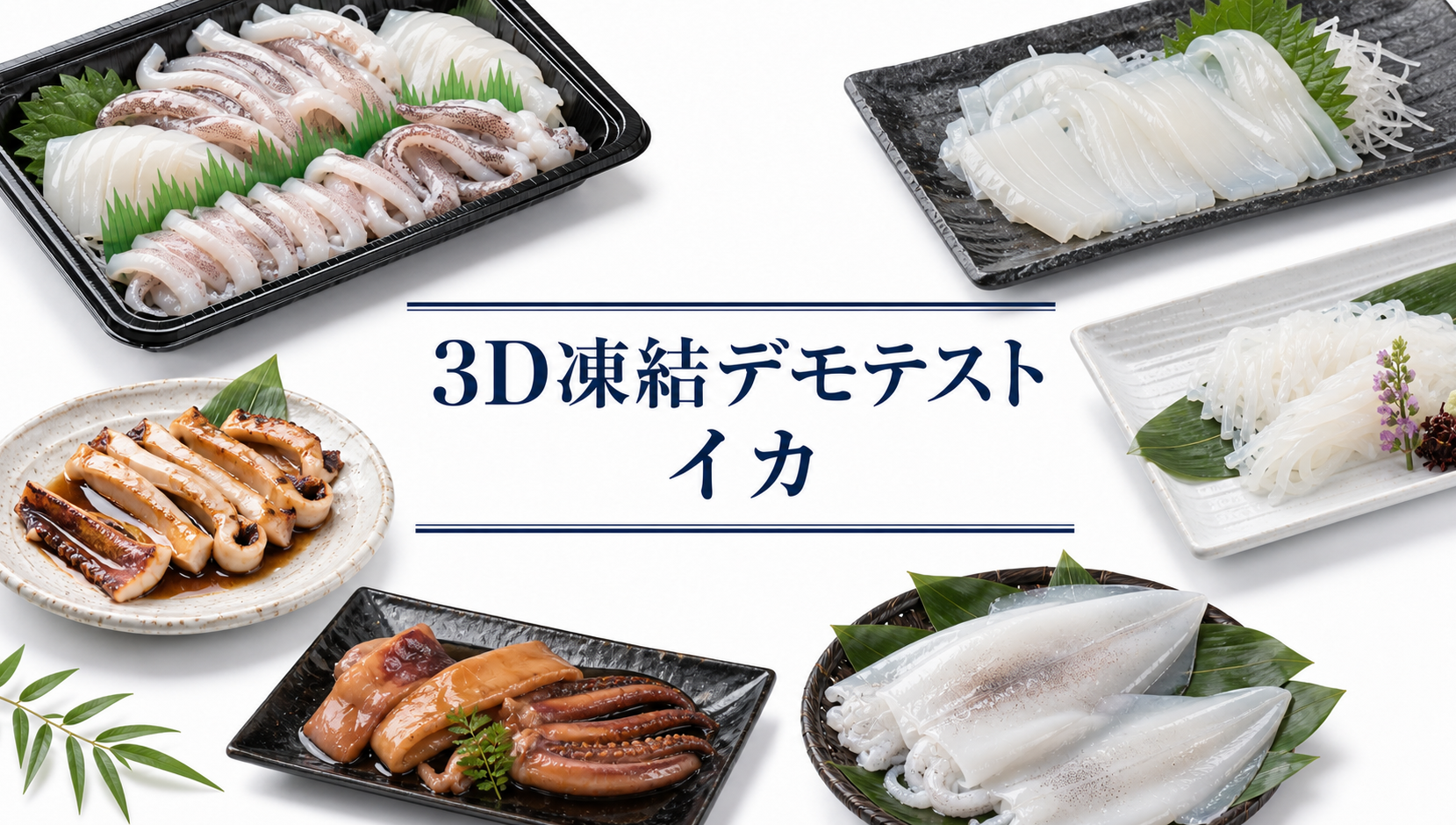 白背景に「3D凍結デモテスト イカ」の文字を中央に配置し、周囲に黒いトレーに並んだイカの刺身、白い角皿に盛った刺身、笹を敷いた皿の煮物風の切り身、丸皿のげそ焼き、竹かごに並べた丸のままのイカなど複数の調理・盛り付け例を配置したアイキャッチ