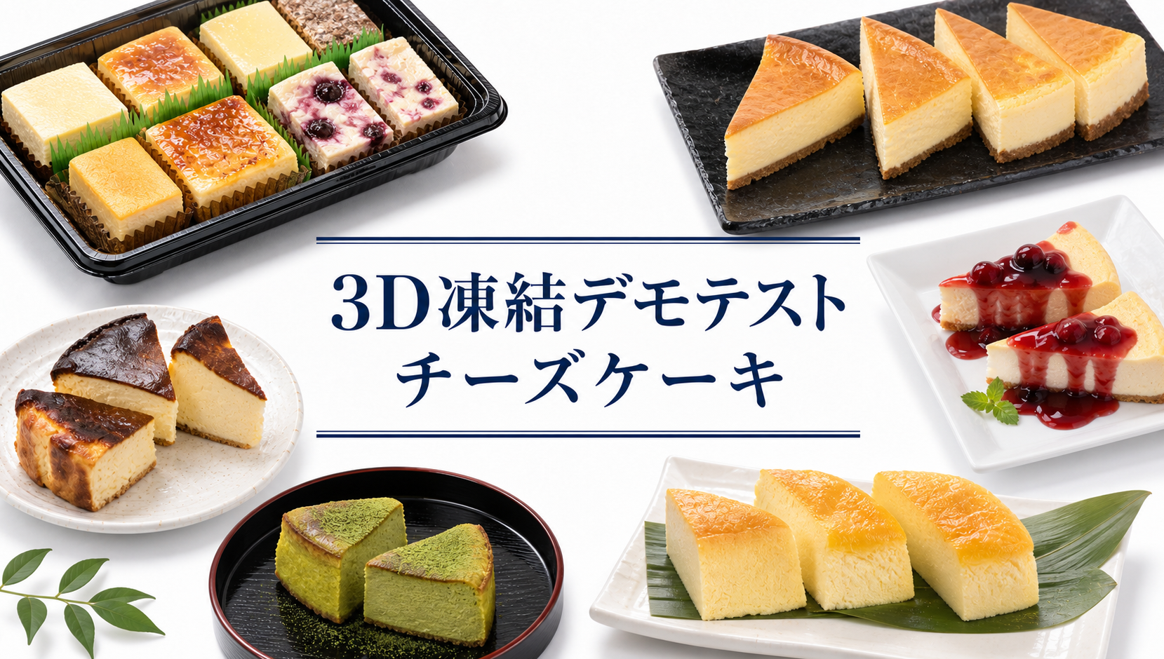 中央に「3D凍結デモテスト チーズケーキ」と書かれ、周囲に焼き色や形の異なるカット済みチーズケーキを並べたアイキャッチ