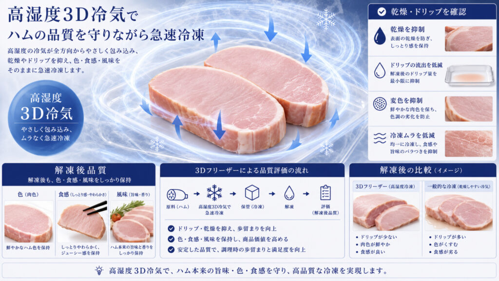 高湿度3D冷気でハムを均一に凍結する仕組み