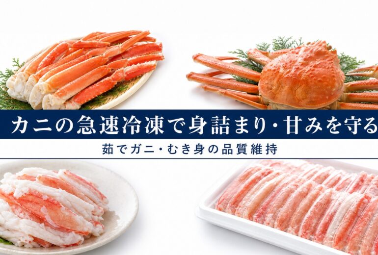 脚・姿・むき身のカニを盛った急速冷凍記事のアイキャッチ。身詰まりと甘みを守る