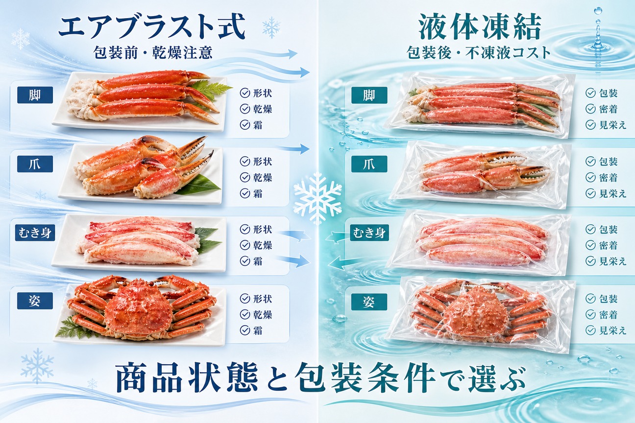 脚・爪・むき身・姿の商品状態別にエアブラスト式と液体凍結の適性を並べた比較図 脚・爪・むき身・姿の商品状態別にエアブラスト式と液体凍結の適性を並べた比較図