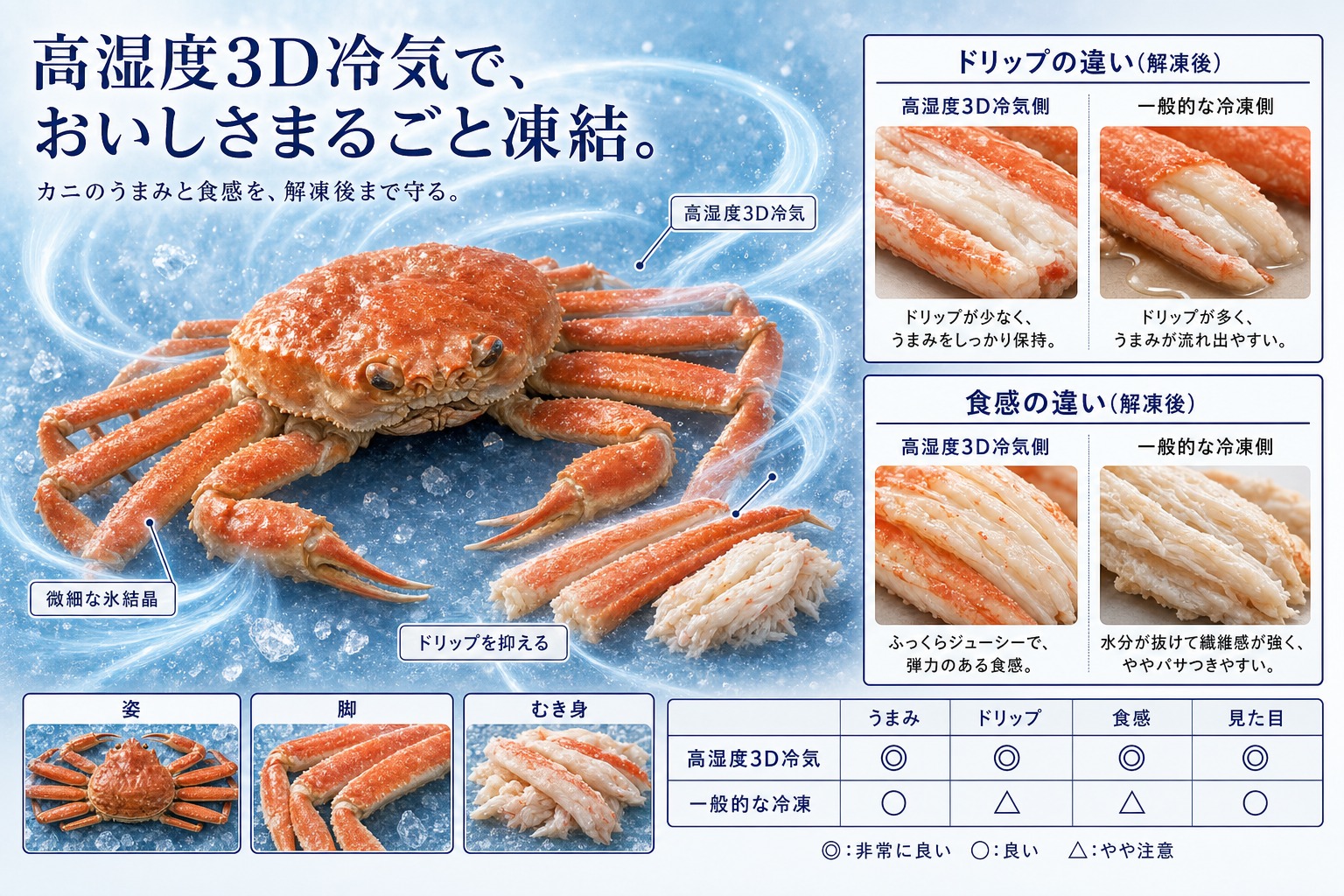 高湿度3D冷気で姿・脚・むき身のカニを均一に凍らせ、ドリップと食感差を抑える仕組み 高湿度3D冷気で姿・脚・むき身のカニを均一に凍らせ、ドリップと食感差を抑える仕組み