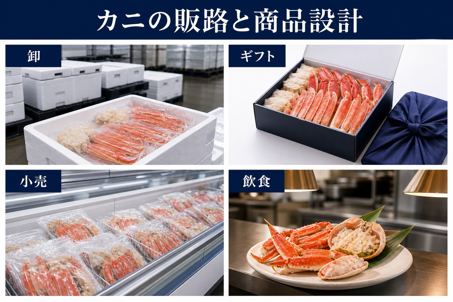卸・ギフト・小売・飲食の各販路に並ぶ急速冷凍したカニの商品例 卸・ギフト・小売・飲食の各販路に並ぶ急速冷凍したカニの商品例