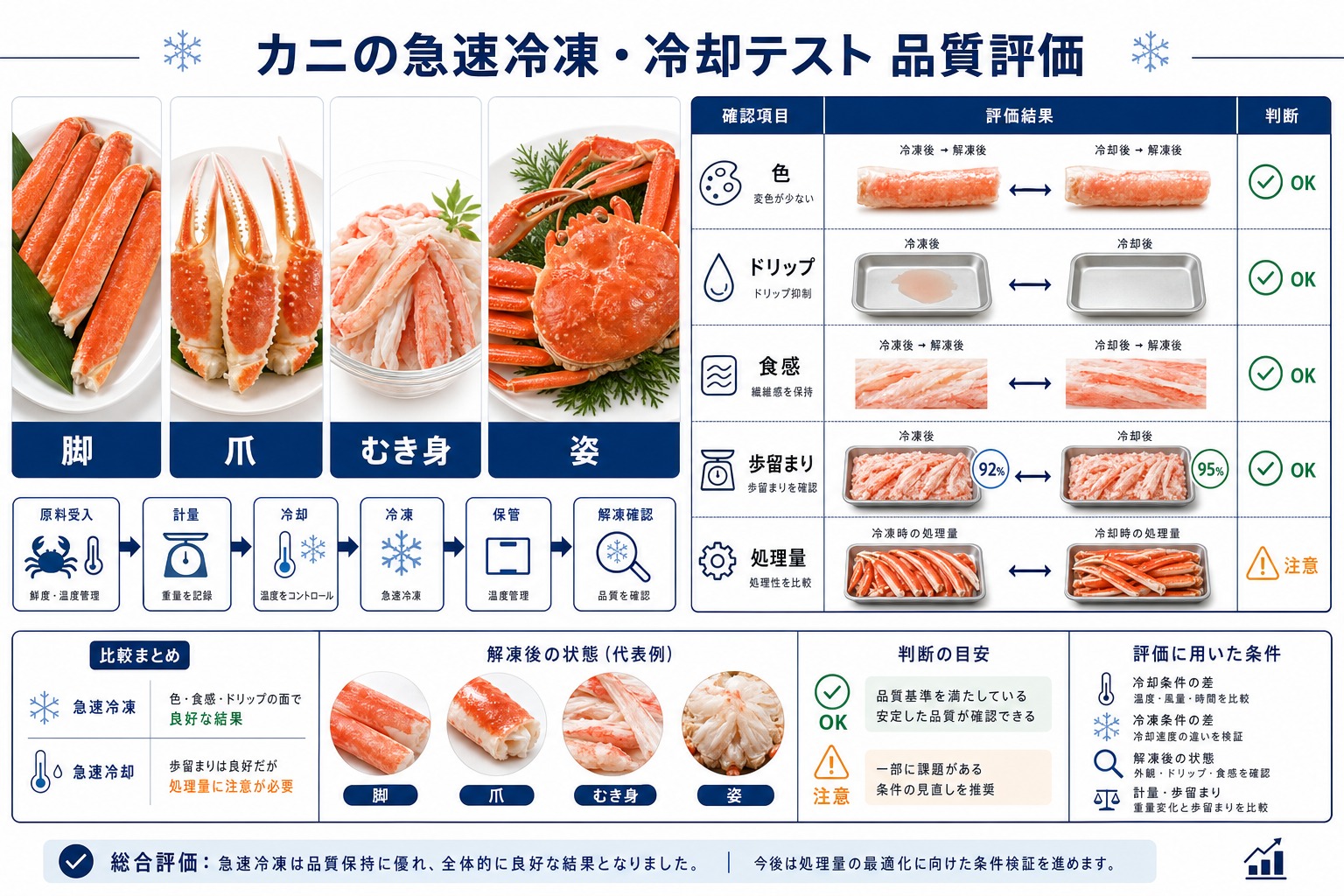 脚・爪・むき身・姿のカニで色・ドリップ・食感・歩留まり・処理量を確かめる冷凍冷却テスト 脚・爪・むき身・姿のカニで色・ドリップ・食感・歩留まり・処理量を確かめる冷凍冷却テスト