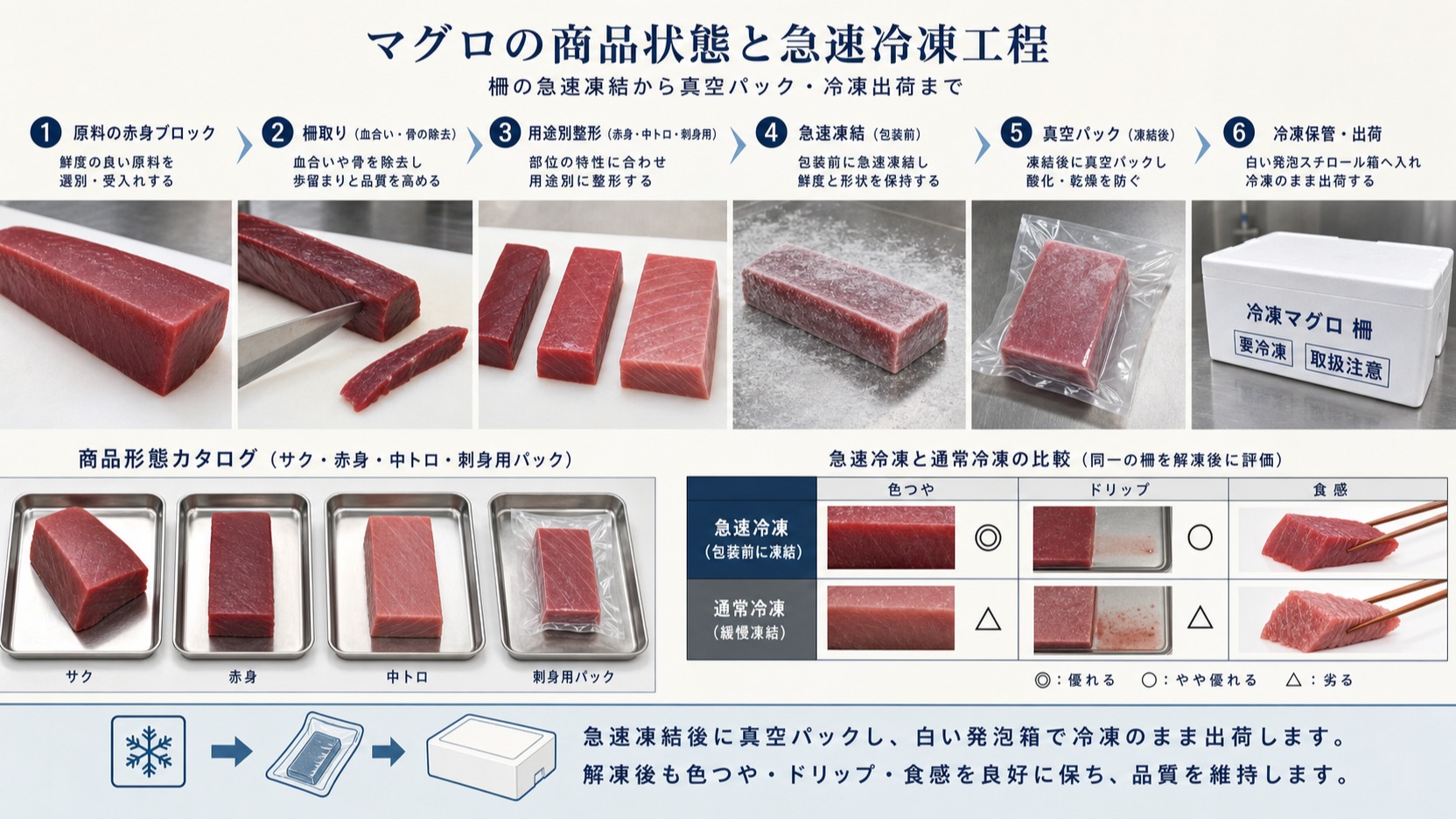 マグロ(サク・赤身・中トロ・刺身用)を急速冷凍して商品化するまでの商品状態と工程