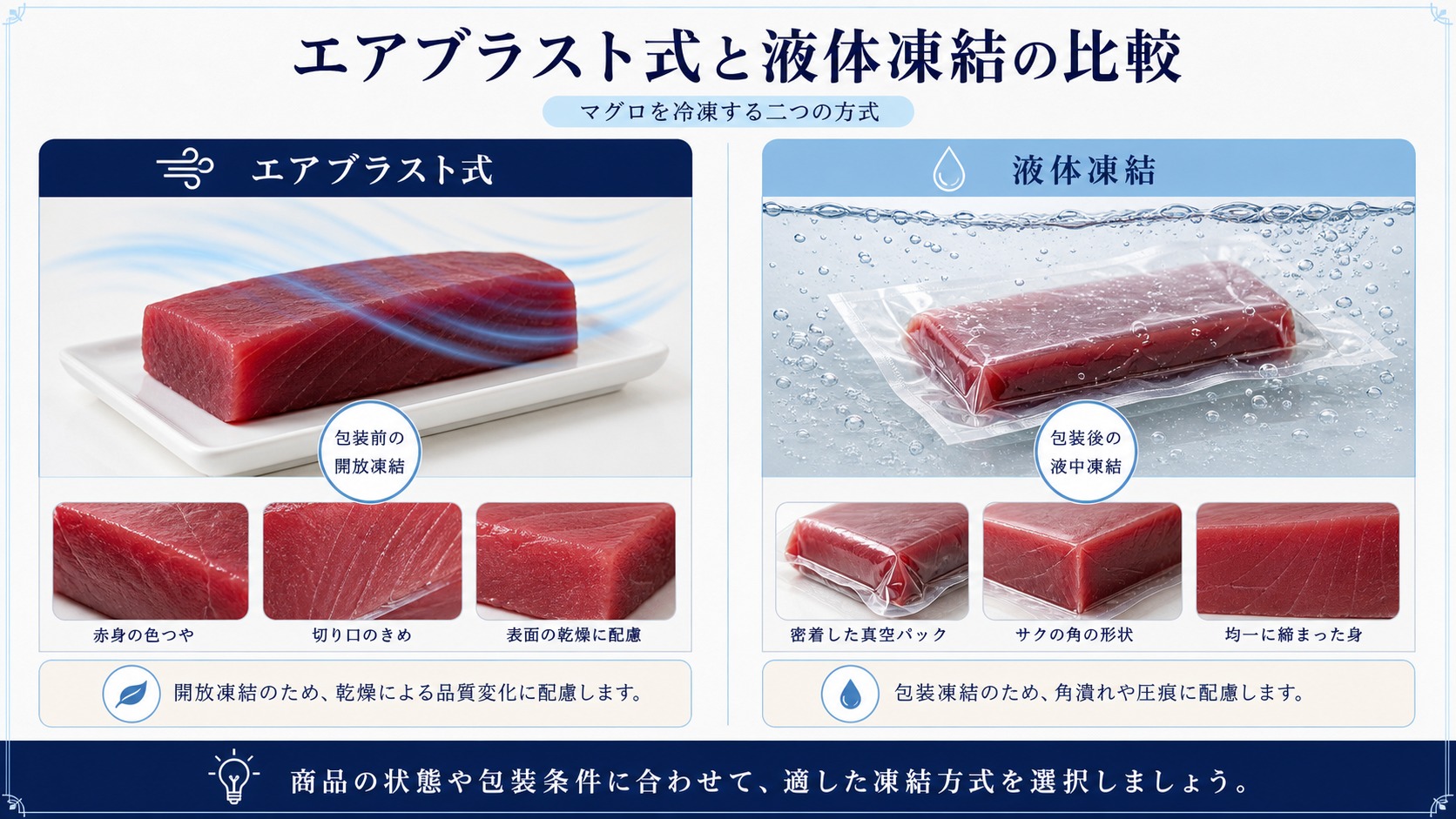 マグロの赤身サクで比べるエアブラスト式と液体凍結の特性